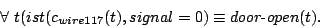 \begin{displaymath}\forall\ t(ist(c_{wire117}(t),signal = 0) \equiv door\hbox{-}open(t).\end{displaymath}