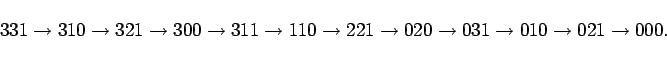 \begin{displaymath}
331 \rightarrow 310 \rightarrow 321 \rightarrow 300
\right...
...ightarrow 031 \rightarrow 010 \rightarrow 021 \rightarrow 000.
\end{displaymath}